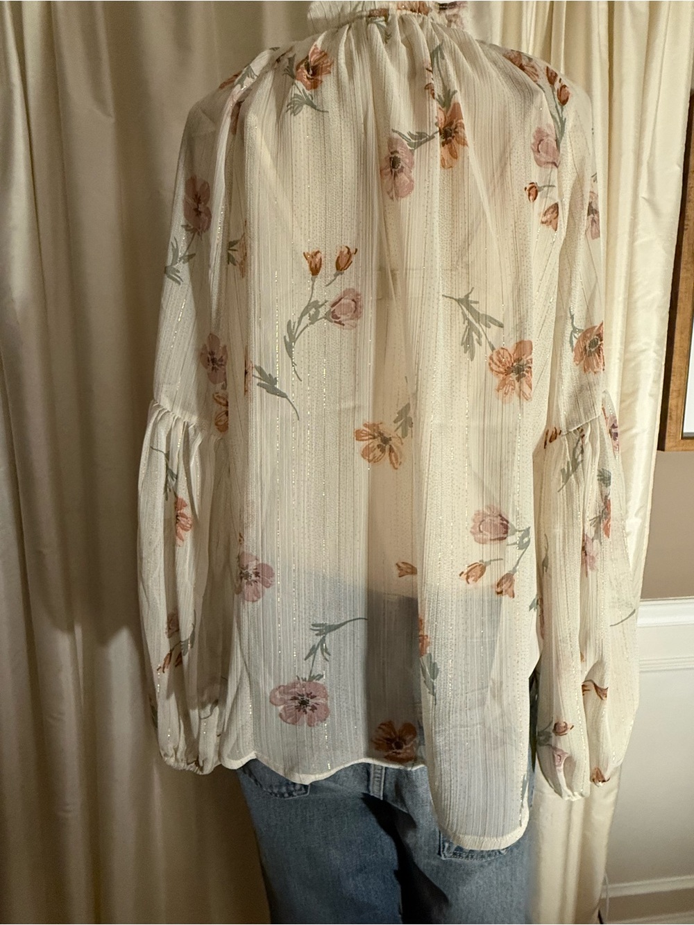 Lovestitch Floral Tie-Neck Peasant Blouse - Cream with Pink & Tan Flowers - Picture 5 of 8